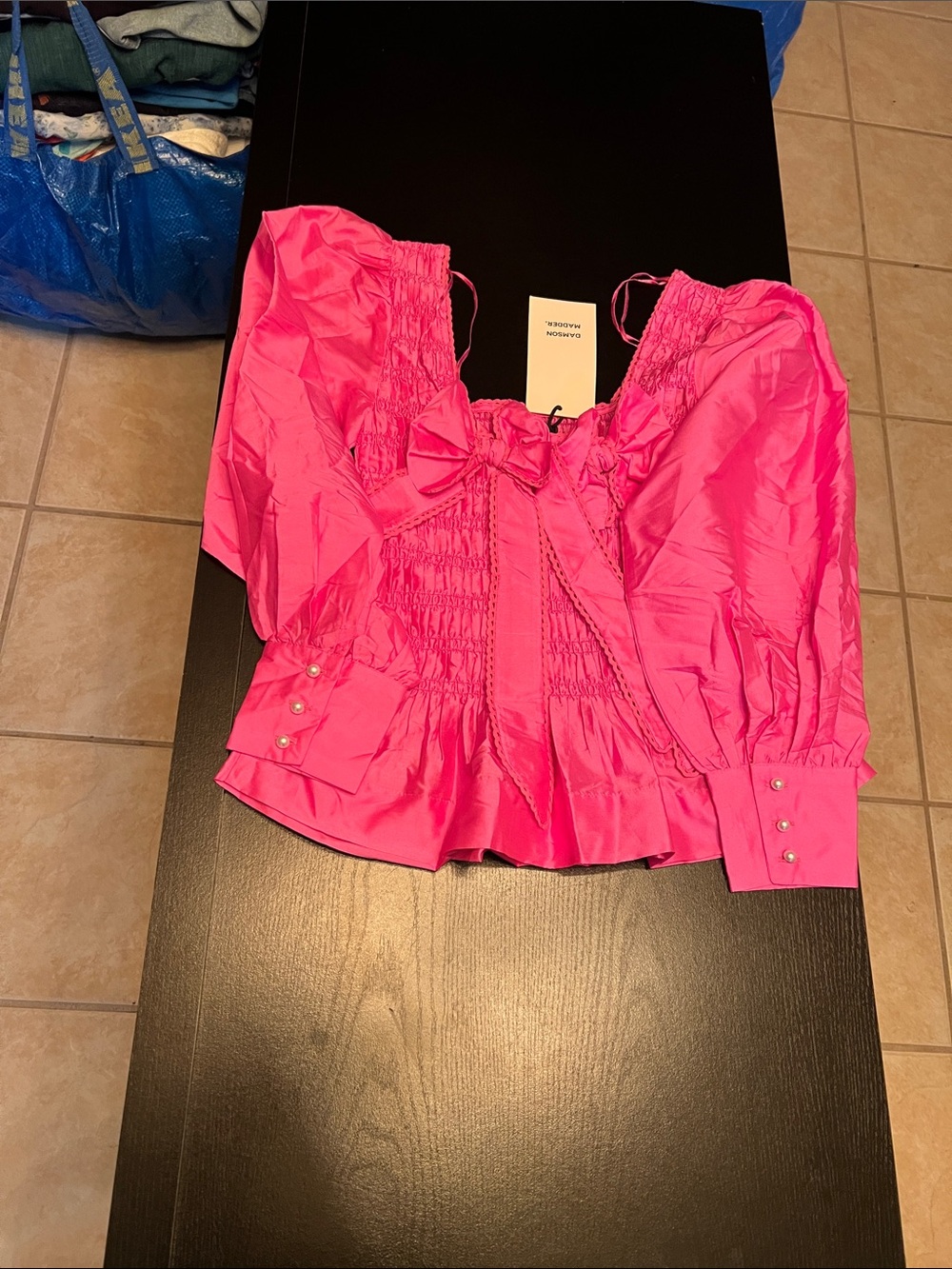 Fuchsia Puff-Sleeve Smocked Blouse with Front Bow
